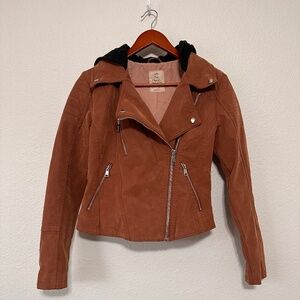 Free People  Harriet Hooded Vegan Leather Moto‎ Jacket Chocolate